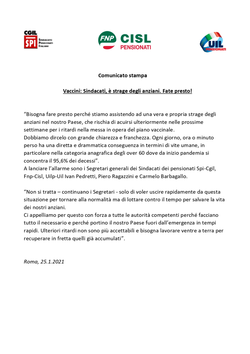 Comunicato stampa unitario Spi Fnp Uilp su vaccini - 25.01.2021