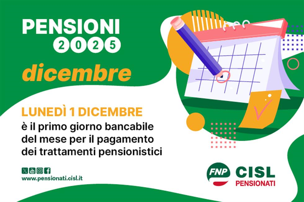 Pensioni dicembre 2025, il calendario dei pagamenti