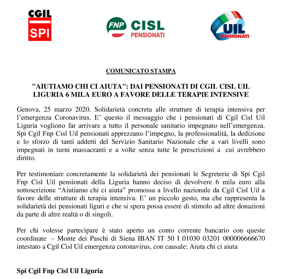 DAI PENSIONATI CGIL CISL UIL LIGURIA 6 MILA EURO A FAVORE DELLE TERAPIE INTENSIVE