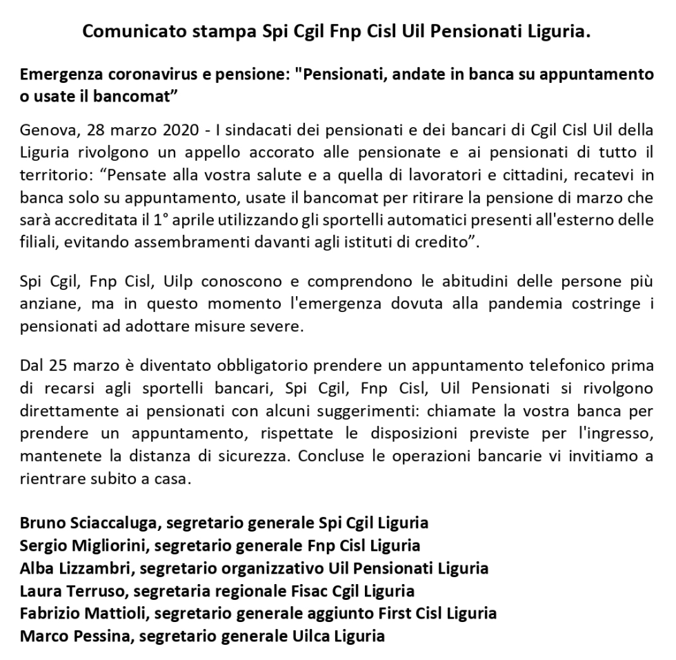 Comunicato stampa Spi Cgil Fnp Cisl Uil Pensionati Liguria