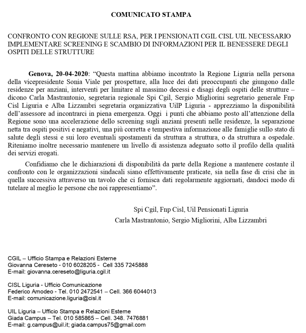 Comunicato stampa (20 aprile 2020): CONFRONTO CON REGIONE SULLE RSA. NECESSARIO IMPLEMENTARE SCREENING E SCAMBIO DI INFORMAZIONI.